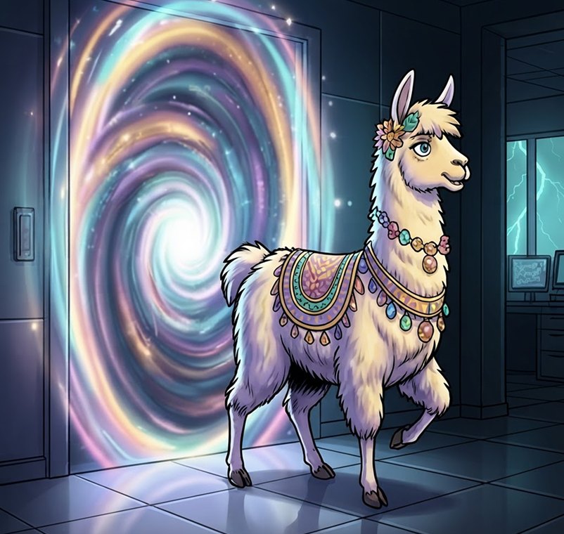 Illa steps out of a portal into an ordinary room with a desk and a screen.